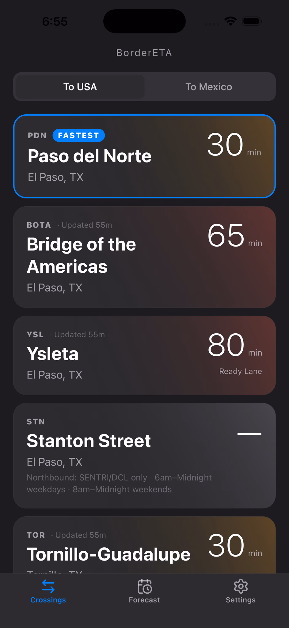 BorderETA live wait times screen